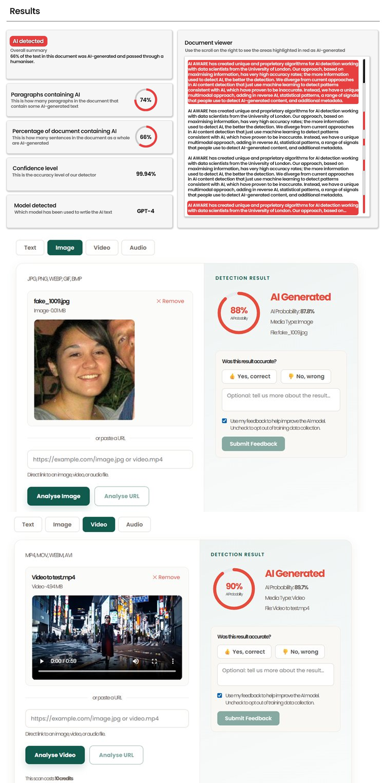 AI detector showing results for text, images and video on single platform